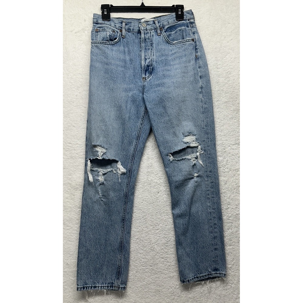 Agolde Womens Size 27 Blue Denim High Rise Straight Leg Distressed Jeans (L1)
